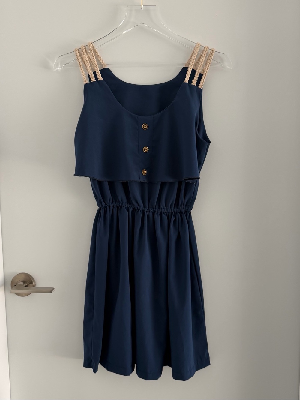 Navy Sleeveless Button Front Dress with Braided Beige Straps